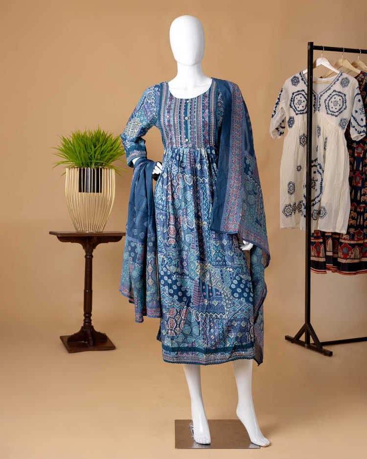 Indigo Bloom || 2-Piece Nayra Cut Dress For women